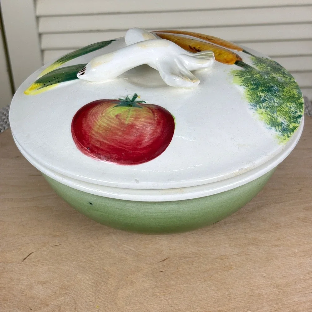 1950s Avant-Garde Green Vegetable Garden Pottery Oven Safe Covered Dish Lid